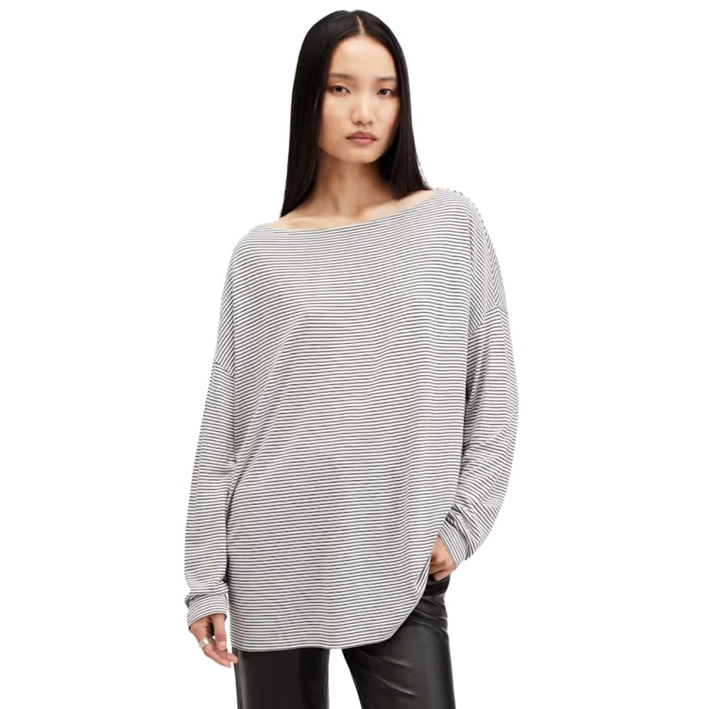 All Saints Top Small Black White Rita Oversized Stripe Tee Long Sleeve Boat Neck